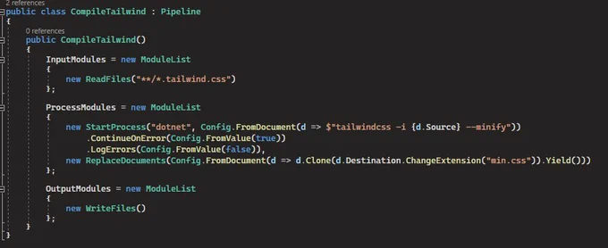 Screenshot of a C# class using Statiq Pipelines with an input module reading `*.tailwind.css`, starting the `dotnet tailwindcss` process, and configuring the output to include `.min.css` at the end.