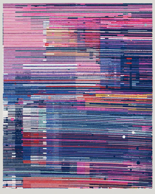 Generative artwork of a number of colourful parallel lines with a pleasing textile like texture.