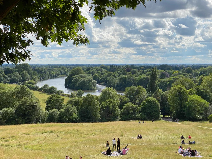 View from top of hill - families eating picnic and lake and trees in background.