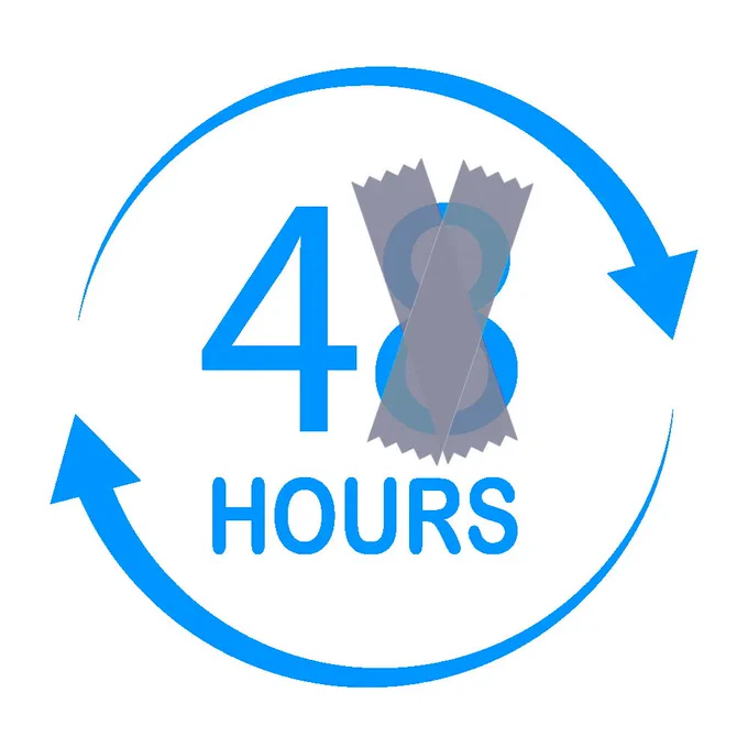 Image shows two semi-circular arrows creating a clockwise circle, with the caption "48 Hours" in the middle of the image. The 8 has been covered up with sticky tape.