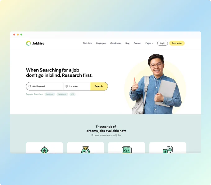 Jobhire Job board Next.js website template sneak peak preview.