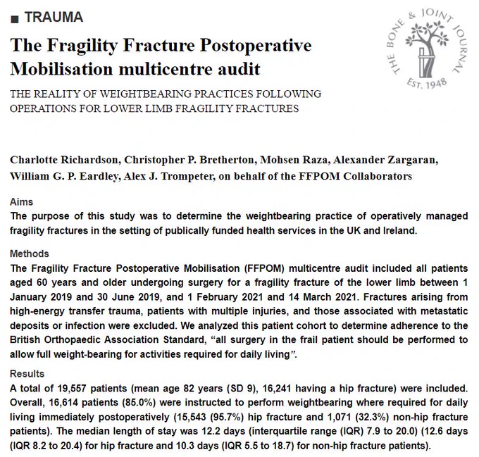 Abstract text for the article titled 'The Fragility Fracture Postoperative Mobilisation multicentre audit'.