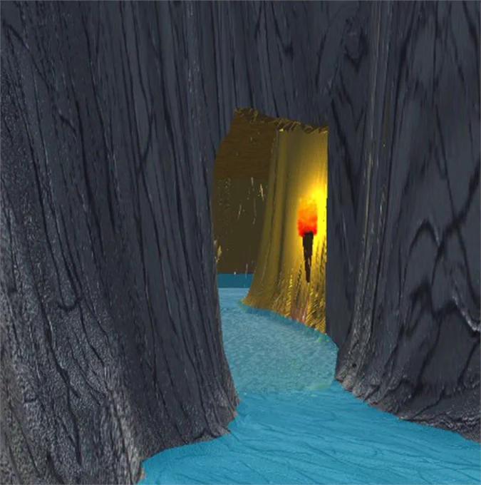 Cave view and torch with flame particle effect and flame lighting on Terrain Texture By Height Tool (TTHT) Version 3