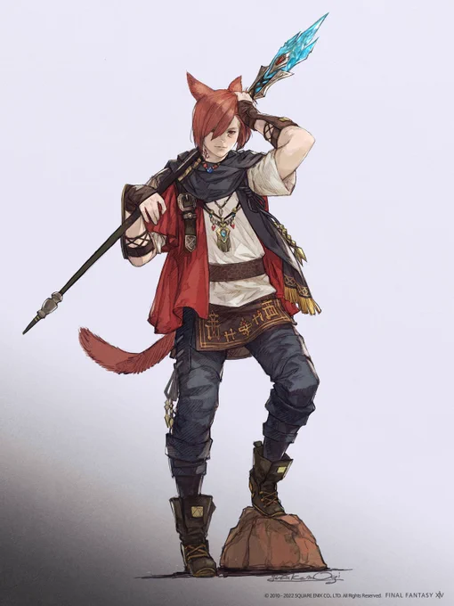 FINAL FANTASY 14 illustration of G'raha Tia, a Miqo'te with reddish brown hair posing with a staff with crystals on top. Illustration by Yusuke Mogi.