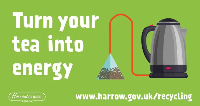 Image shows kettle with teabag and power lead. Text reads Turn your tea into energy. www.harrow.gov.uk/recycling