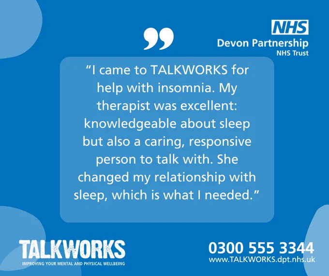 The artwork shows a snippet of Peter's testimonial. The Devon Partnership Trust and TALKWORKS logos, TALKWORKS phone number (0300 555 3344) and website address (www.talkworks.dpt.nhs.uk) are present on the artwork.