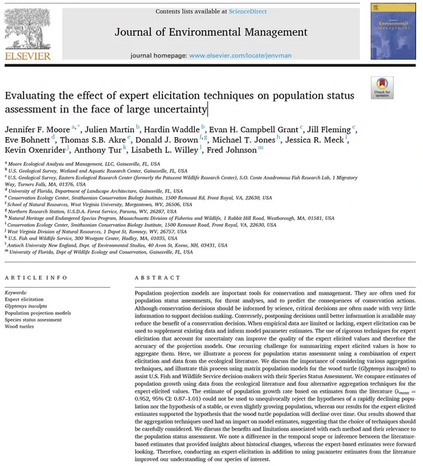 cover page of paper "Evaluating the effect of expert elicitation techniques on population status assessment in the face of large uncertainty"