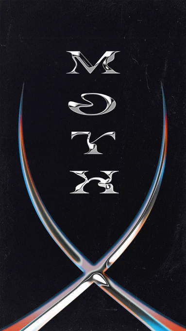Graphic design for the song “moth”. Image of two silver curved blades that merge in the shape of open scissors. Silver text says “moth” vertically with lettering that is bent in strange directions