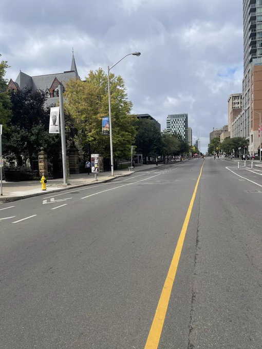Photo of an empty city road with buildings and a few trees on either side of the road. 