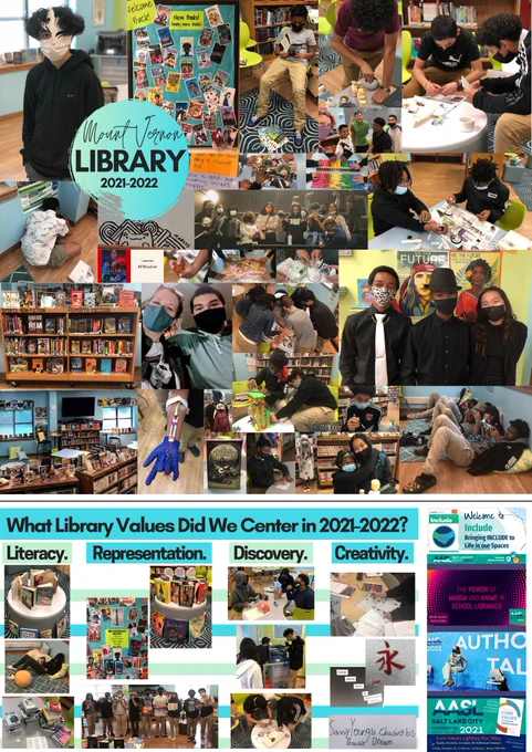 Infographic made with Canva for the Mount Vernon Library 21-22 school year, heavy on pictures of students exploring, using, reading, and just joyfully being in the library space.