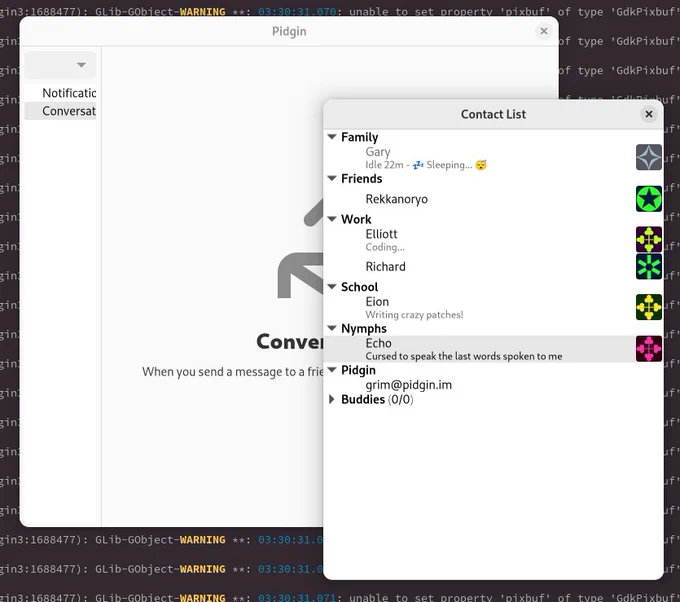 A screenshot of Pidgin 3 running with GTK 4.