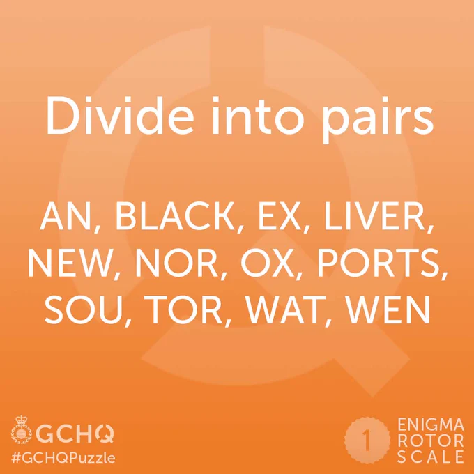 Divide into pairs: AN, BLACK, EX, LIVER, NEW, NOR, OX, PORTS, SOU, TOR, WAT, WEN