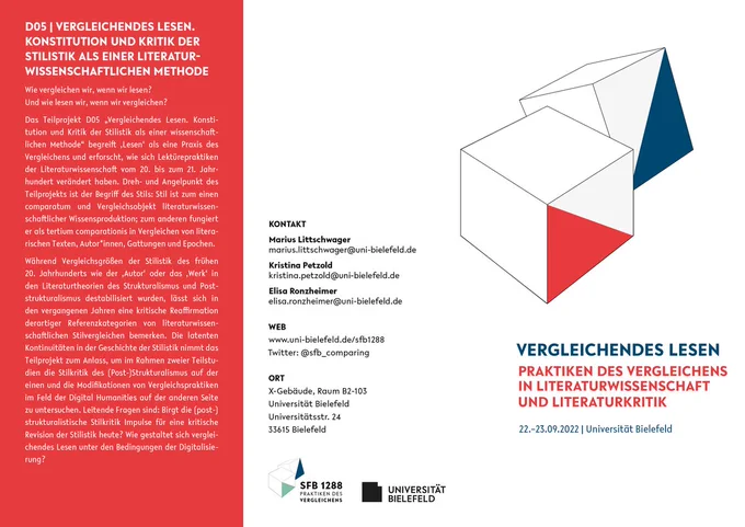 Programm des Workshops "Vergleichendes Lesen. Praktiken des Vergleichens in Literaturwissenschaft und Literaturkritik" – Vorderseite.
Gestaltung: Jil Dirschauer