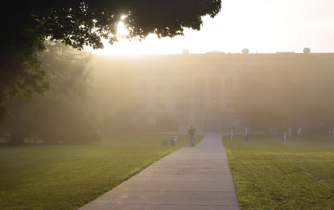 A foggy shot of central campus