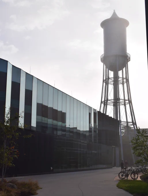 A foggy shot of Marston Water Tower and the Student Innovation Center