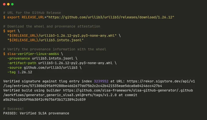 Steps to download the released wheel and provenance attestation from GitHub and verify using slsa-verifier