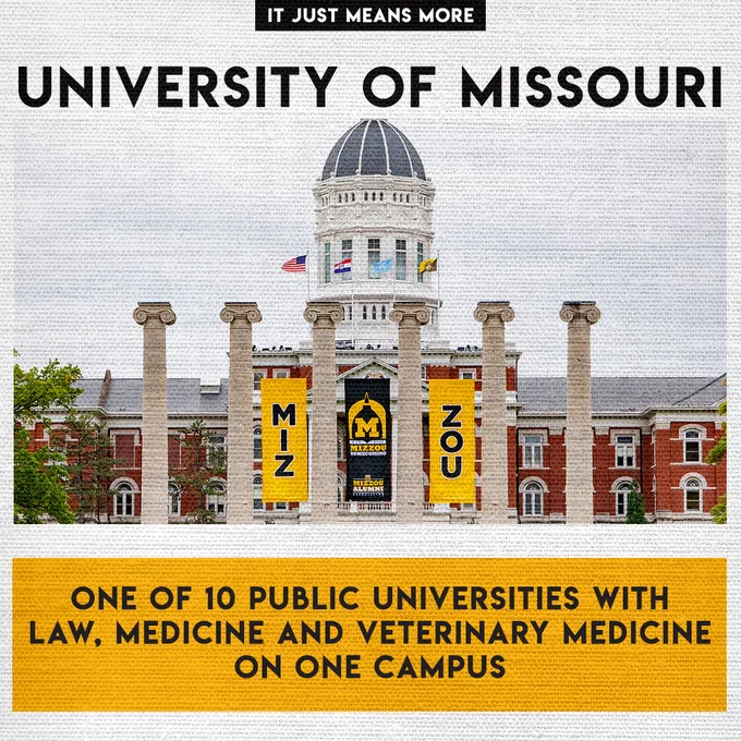 Picture of a building and columns on Missouri's campus. Text: One of 10 public universities with law, medicine and veterinary medicine on one campus