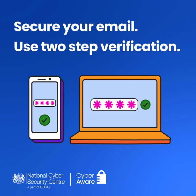 Cyber Aware graphic with the caption "Secure your email. Use two step verification."