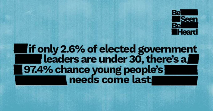 The text, "if only 2.6% of elected government leaders are under 30, there's a 97.4% chance young people's needs come last" appear in black on a blue background. "Be Seen Be Heard" appears in the top-right corner of the image.