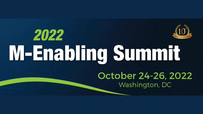 Logo of 2022 M-Enabling Summit with 10th anniversary logo and dates october 24-26 Washington DC on a dark blue background.