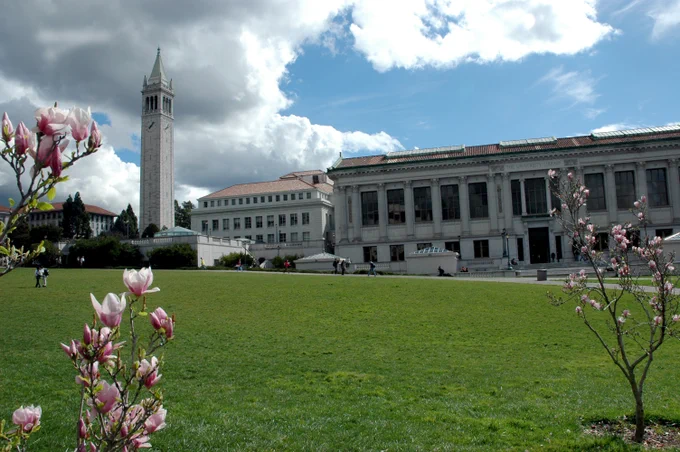 Picture of UC Berkeley campus, showing a big green lawn with the Campanile and Doe Library in the background, and blue sky and clouds.