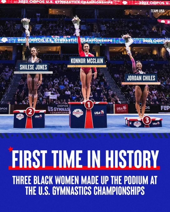 Konnor McClain stands on the first place podium with her arm in the air holding flowers with Shilese Jones standing on the far left on the second place podium with her arm in the air holding flowers and Jordan Chiles on the far right with her arm in the air holding flowers at the U.S. Gymnastics Championships with text "First Time in History. Three Black women made up the podium at the U.S. Gymnastics Championships."