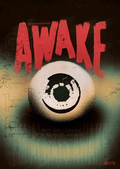 Classical horror inspired poster with custom lettering for the word "Awake" and a 3D modeled stylized eyeball.