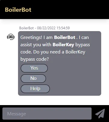 BoilerBot chat bot asks "Do you need a BoilerKey bypass code?"