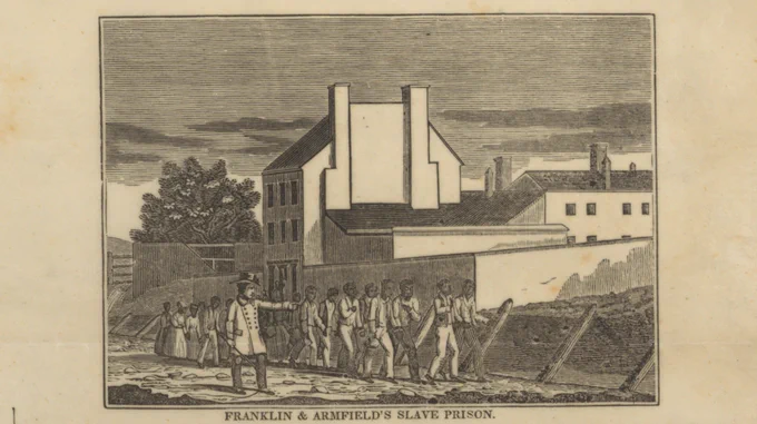 American Anti-Slavery Society. “Franklin & Armfield’s Slave Prison,” detail from “Slave Market of America” (1836). Broadside. Library of Congress, Washington D.C. https://www.loc.gov/pictures/item/2008661294/