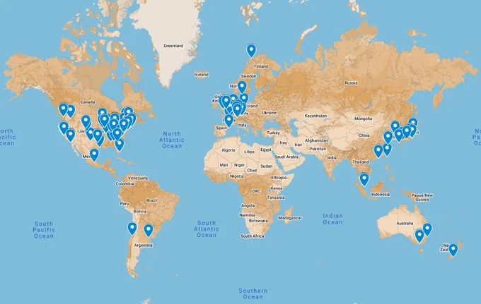 World map with the locations of people using FED3 as found on https://www.google.com/maps/d/u/1/viewer?mid=1ErfAq5vc_ee43fsmU6gwiXGMvIwyn-GA&ll=19.808874948887347,4.172633977020382&z=2
