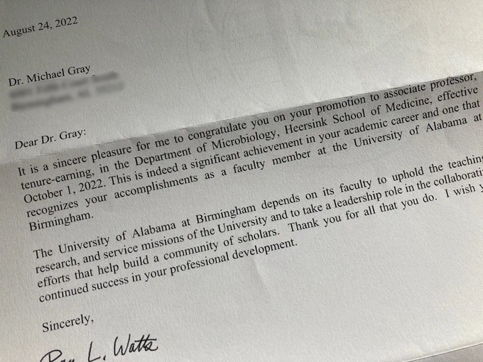 A letter from UAB administration congratulating Dr. Michael Gray on promotion to associate professor