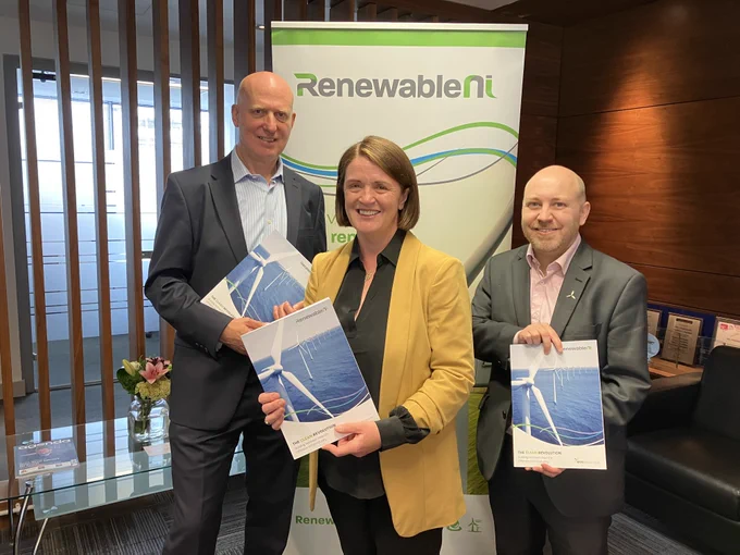 Pictured at the report launch are Dr Alun Roberts, report co-author; Niamh Kenny and Head of RenewableNI, Steven Agnew