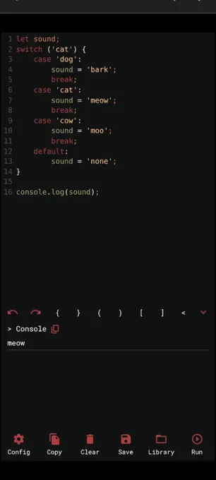 Captura de pantalla del celular, con algunas instrucciones para programar en Java Script Editor 


