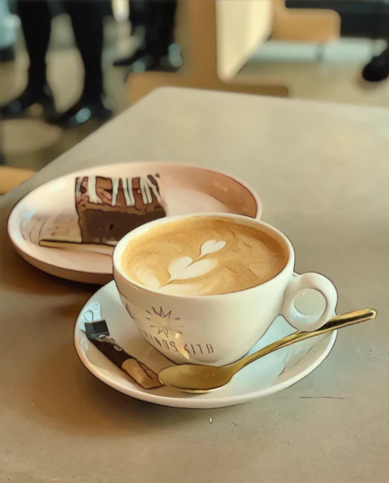 Latte in a while cup and saucer with Grindsmith written on the side next to a plate with a chocolate brownie on it at Grindsmith Coffee in Media City, Manchester