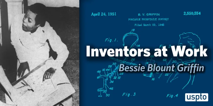 Photo of Bessie Blount teaching a soldier how to write with his foot and her patent no. 2,550,554 showing a device that helps people feed themselves