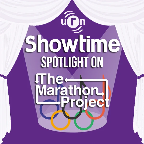 URN Showtime - Spotlight On... The Marathon Project

White theatre curtains frame a purple background with a spotlight in the middle. The spotlight is shining on text that reads 'The Marathon Project'. In the background, the five colourful Olympic rings have been turned into musical notes. 