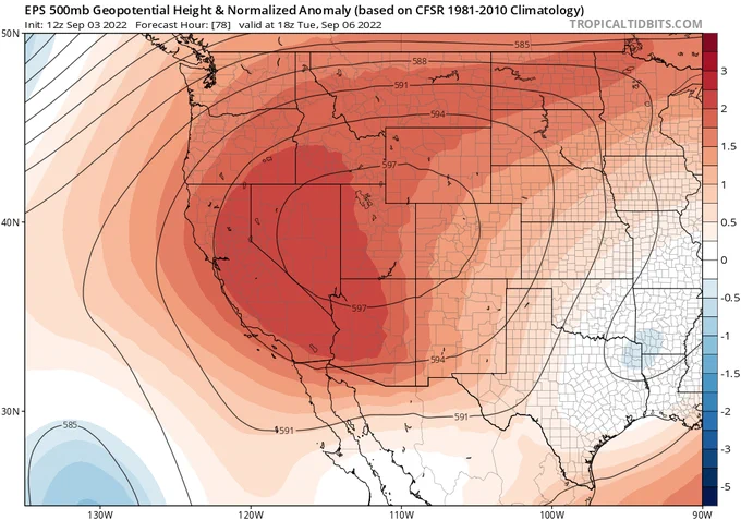 Map of predicted 500mb geopotential heights over the Western U.S. GPH is very high over CA and NV, an anomaly of around 2-2.5 standard deviations.