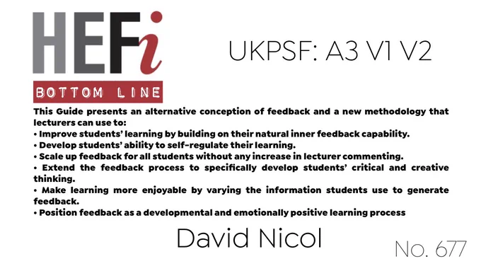 This Guide presents an alternative conception of feedback and a new methodology that lecturers can use to:
• Improve students’ learning by building on their natural inner feedback capability.
• Develop students’ ability to self-regulate their learning.
• Scale up feedback for all students without any increase in lecturer commenting.
• Extend the feedback process to specifically develop students’ critical and creative thinking.
• Make learning more enjoyable by varying the information students use to generate feedback.
• Position feedback as a developmental and emotionally positive learning process