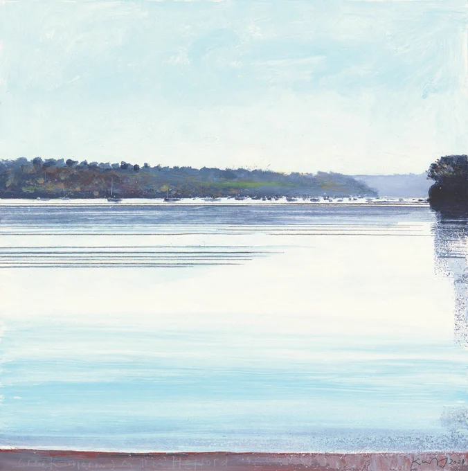 Image: Kurt Jackson: Greek morning on the Helford. 2021. mixed media on museum board. 40 x 40cm.