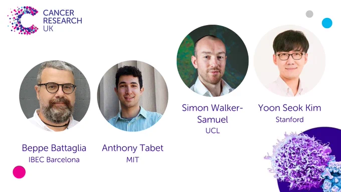 Pictures of Giuseppe Battaglia (IBEC Barcelona), Anthony Tabet (MIT), Simon Walker-Samuel (UCL) and Yoon Seok Kim (Stanford). Image of brain tumour cell, CRUK logo