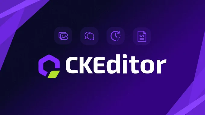 The image shows the new CKEditor logo - a purple hexagon with a lime green bottom right corner, and CKEditor in white letters. Above the name of the editor, there are four icons representing its rich text and collaborative features.