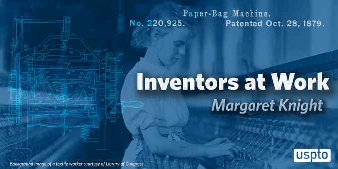 Image of Margaret Knight's patent no. 220,925 for a paper bag machine alongside a photo of a young girl working in the textile industry 