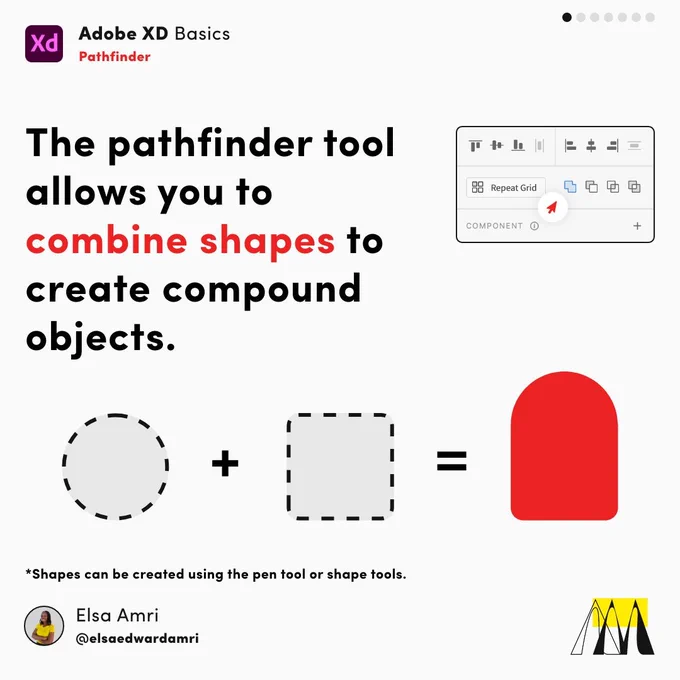 The second step in Elsa Amri's Adobe XD tutorial states that the pathfinder tool allows you to combine shapes to create compound objects. These shapes can be created using the pen tool or shape tools.