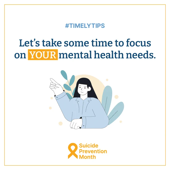 Text that reads "Let's take some time to focus on your mental health needs" above an icon of a feminine character with their right hand pointed upwards with some plants behind them.