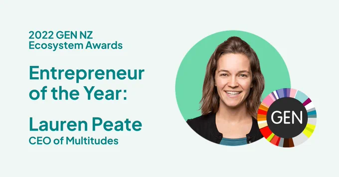 Banner image with Lauren's face, the Global Entrepreneurship Network (GEN) logo, and the text "2022 GEN NZ Ecosystem Awards Entrepreneur of the Year: Lauren Peate, CEO of Multitudes"