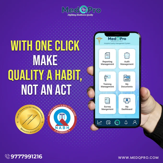 Maintaining NABH and JCI standards is never so easy! It's just one click away! Explore today India’s first JCI and NABH-compliant QMS software solution with a mobile application. 

Contact us for the demo @ 9777991216.

#hospital #MedQPro #quality #qualitymanagement #qms #hospitalmanagement #qualitycontrol #hospitalsoftware #jci #nabh