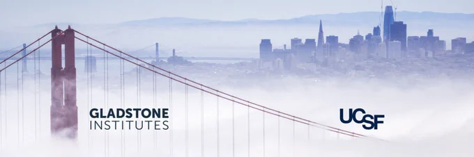 A photo of the foggy San Francisco skyline and Golden Gate Bridge. It also contains the Gladstone Institutes and UCSF logos in the lower corners.