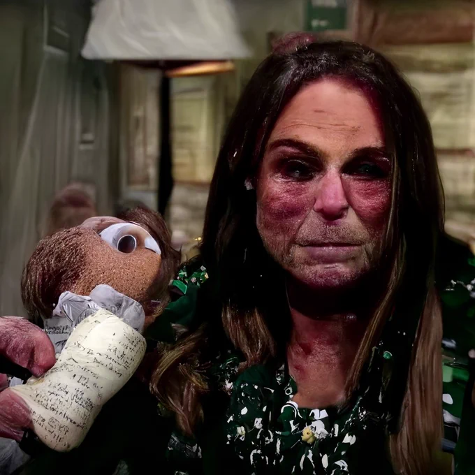 a portrait photo older white woman with long brown hair holding a misconfigured stuffed animal. she has very severe rosacea below her eyes, in the shape of triangles on her cheeks. she looks slightly 3d rendered. there is a lamp in the background.
