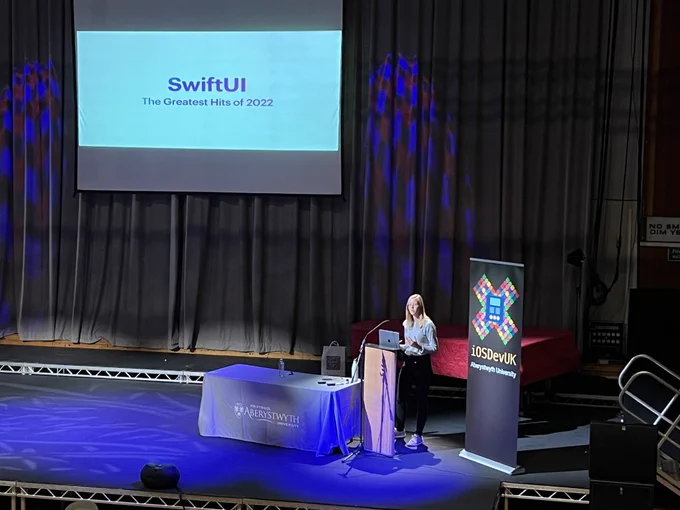 Malin Sundberg on stage at iOSDevUK, presenting “SwiftUI- The Greatest Hits of 2022”