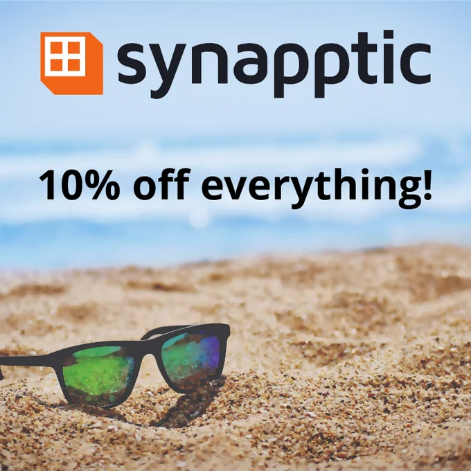 A picture of some sunglasses on a sandy beach on a sunny day. The Synapptic logo is at the top with the tag line of "10% off everything"